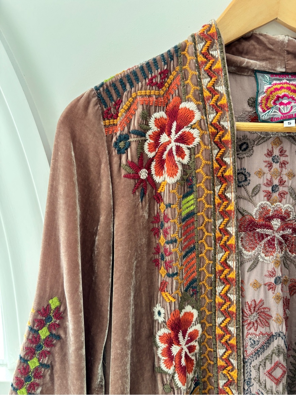 Johnny Was Waleska Velvet Silk Draped Cardigan S Rose Kimono Embroidered Boho - Picture 8 of 15